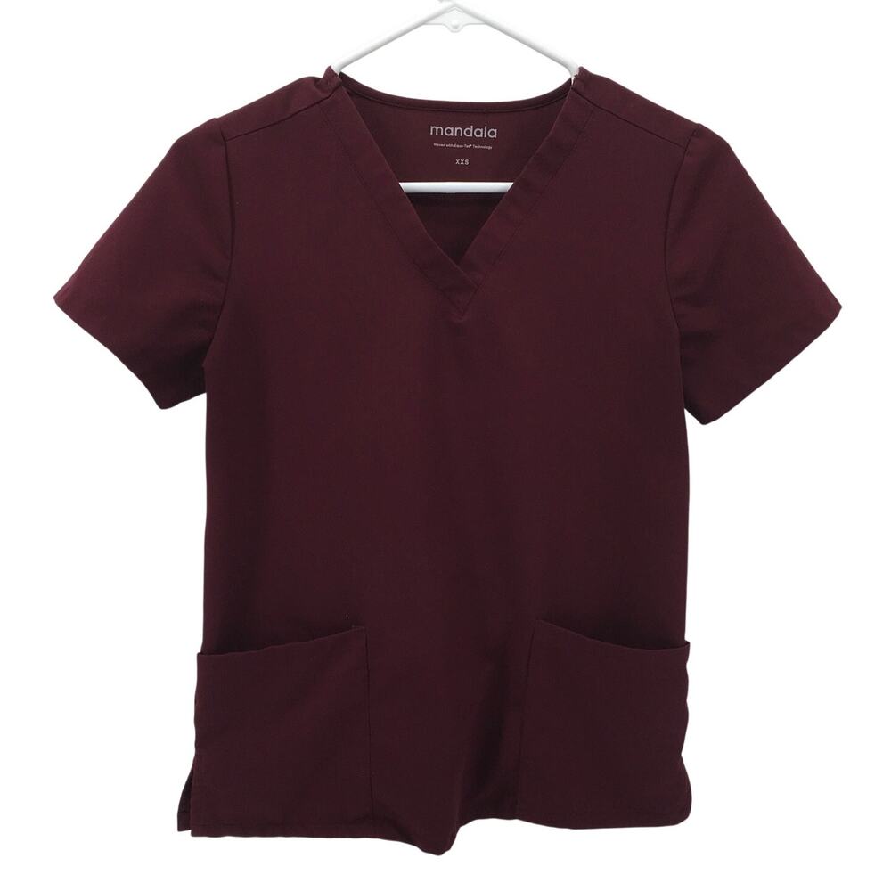 Mandala 6 pocket Scrub Top XXS Wine Burgundy V Neck Nursing Healthcare Medical